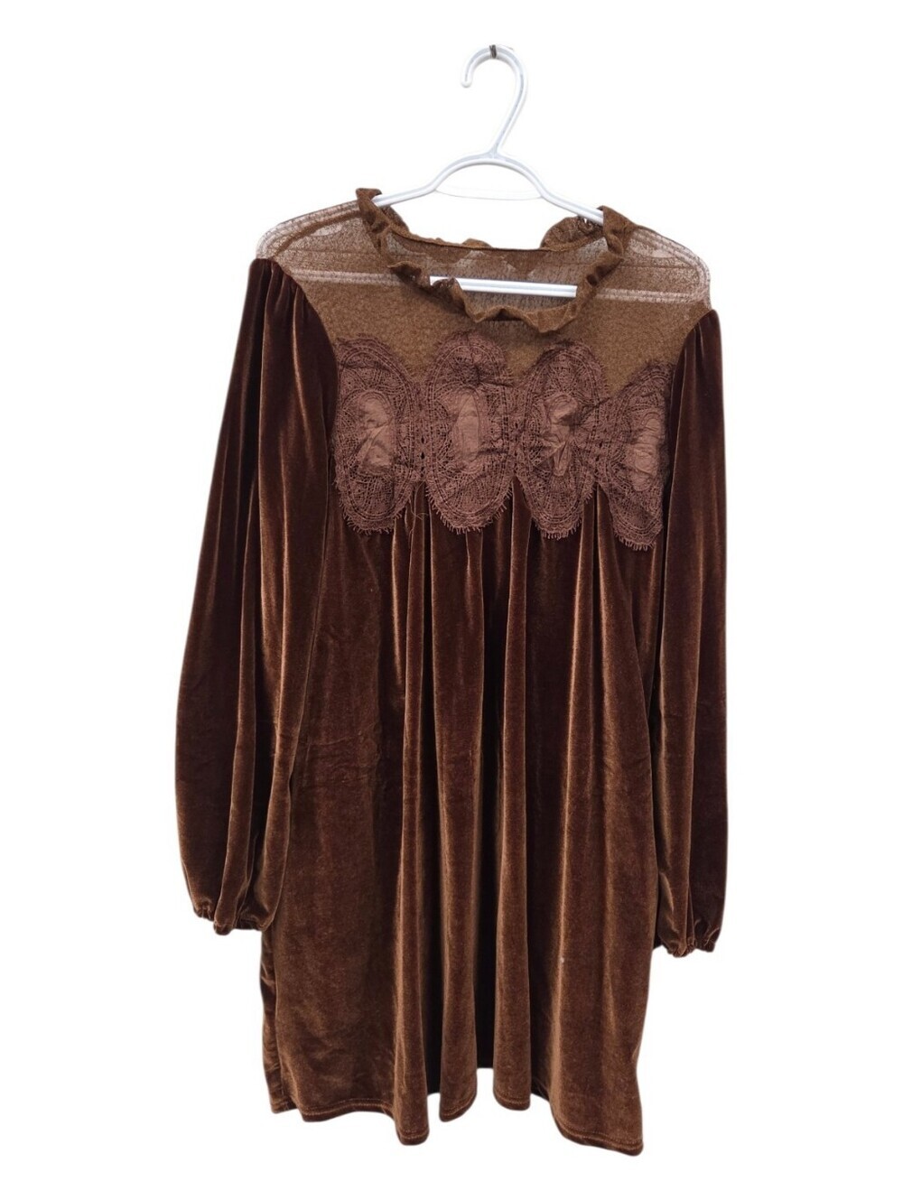 Brown Stretch Velvet Lace Yoke Mini Dress Medium